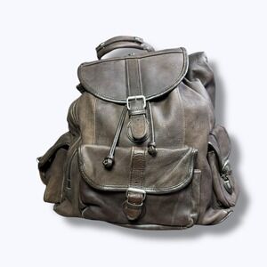 Vintage MARLBORO Adventure Team Leather Backpack Promo Drawstring Buckles Brown